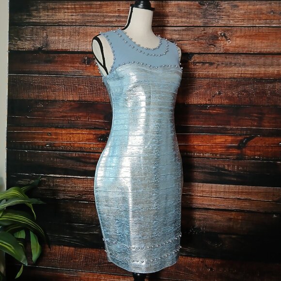 NWT Venus Bodycon Dress Size M Silver Blue Pearl Studded Stretch - Picture 9 of 12